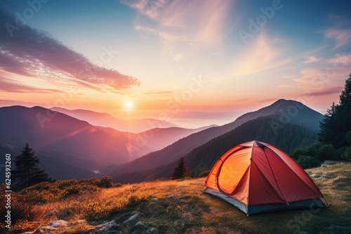 Tourist tent in the mountains at dawn in the summer © Venka