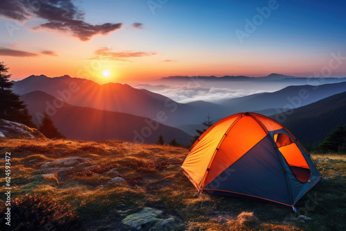 Tourist tent in the mountains at dawn in the summer © Veniamin Kraskov