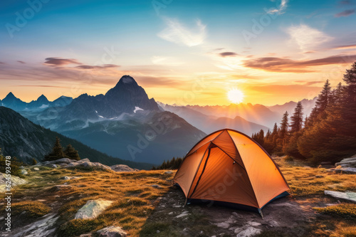 Tourist tent in the mountains at dawn in the summer © Veniamin Kraskov