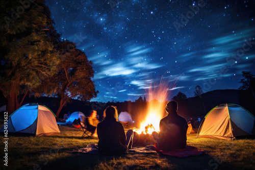 Tourists sit around a brightly blazing campfire near tents under a night sky filled with bright stars