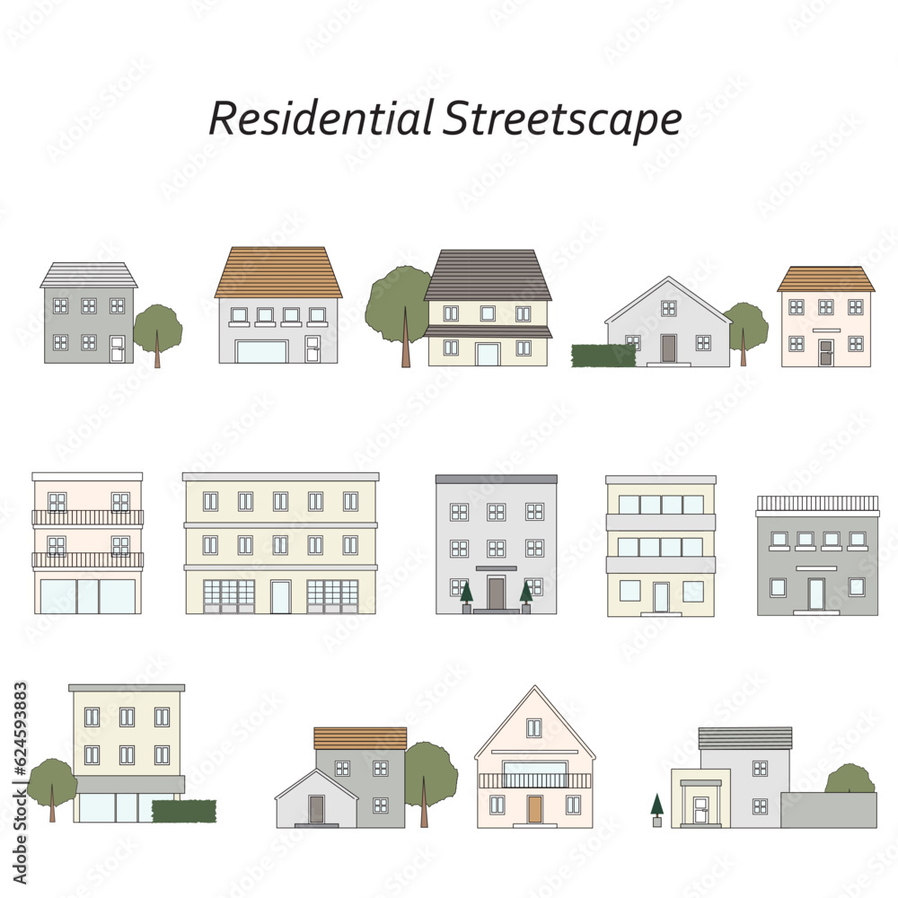 住宅街のイラスト　Residential Streetscape02