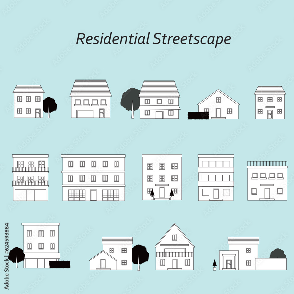 住宅街のイラスト　Residential Streetscape01