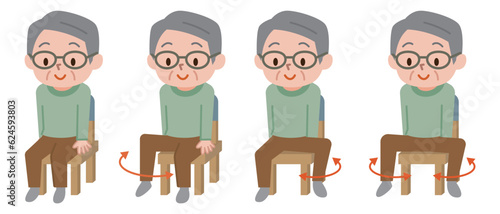 股関節の運動を椅子に座ってするシニア男性のイラスト