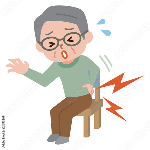 長時間の座位で腰を痛めたシニア男性のイラスト