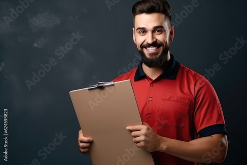 Portrait of cheerful handsome bearded young man in uniform workwear filling in order papers, looking at camera, showing thumbs up. Generative AI