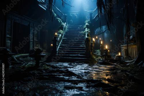 Descent into Darkness: The Eerie Abandoned Staircase of a Horror Film. Generative AI