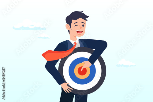 Businessman holding archer target or dashboard pointing at bullseye, focus on business target, setting goal for motivation, target audience for advertising or purpose for career development (Vector)
