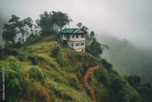 Canvas Print Misty hillside in Bandarban with a house atop. Generative AI