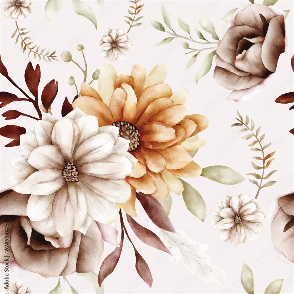 Watercolor autumn flower and leaves seamless pattern