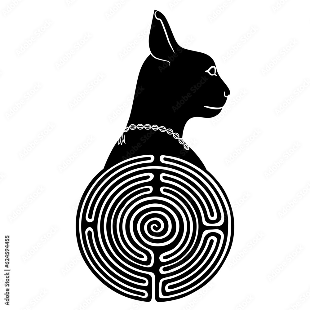 Head of ancient Egyptian cat goddess Bastet on top of a round spiral maze or labyrinth symbol