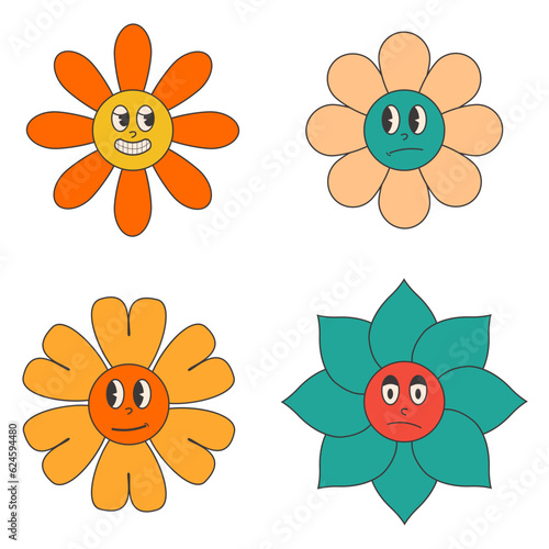 Groovy Flower Retro. Funny happy daisy with eyes and smile. Isolated vector illustration. Hippie 60s  70s style.Vector illustration