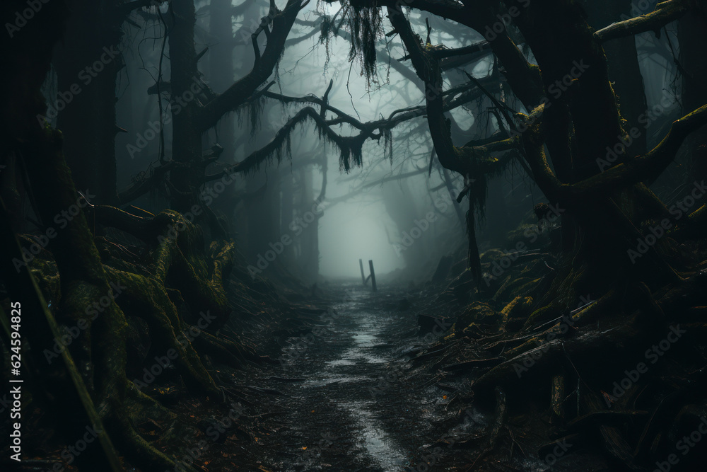 Mystical Shadows: Immersive Journey into the Dark Forest of Horror Film. Generative AI
