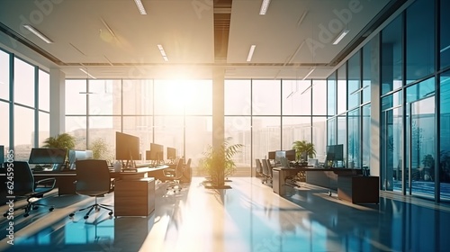 Beautiful blurred background of a light modern office interior with panoramic windows and beautiful lighting