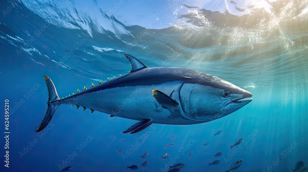 Fototapeta premium Tuna fish in the ocean. School of tuna fish in the ocean. Tuna. Generative Ai.