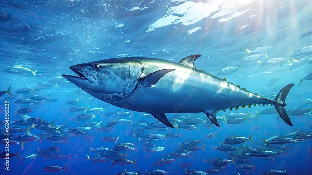 Fototapeta premium Tuna fish in the ocean. School of tuna fish in the ocean. Tuna. Generative Ai.