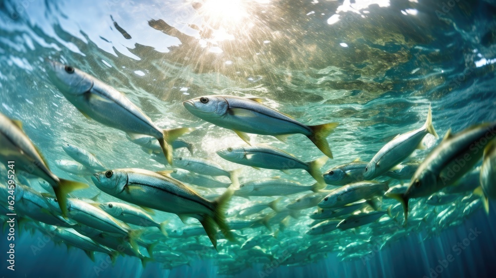 Fototapeta premium Sardines fish on ice in the market. Sardine fish. Generative Ai
