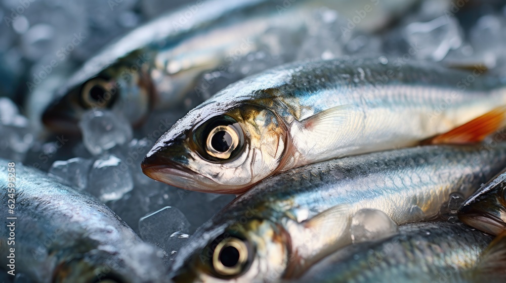 Sardines fish on ice in the market. Sardine fish. Generative Ai Sardines fish on ice in the market. Sardine fish. Generative Ai