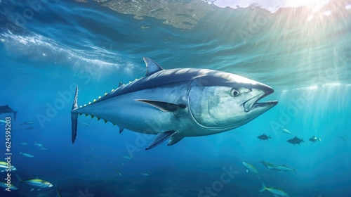 Tuna fish in the ocean. School of tuna fish in the ocean. Tuna. Generative Ai. © tong2530