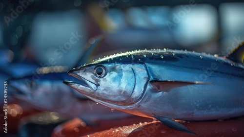 Tuna fish on ice in the market. Tuna. Generative Ai