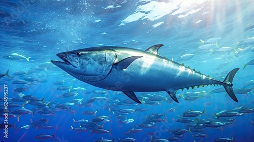 Tuna fish in the ocean. School of tuna fish in the ocean. Tuna. Generative Ai.