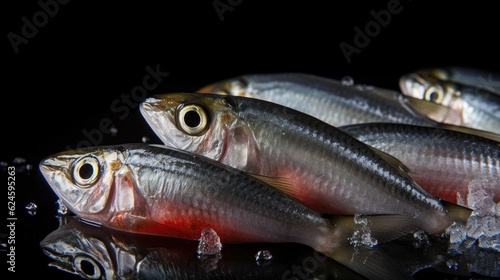 Sardines fish on ice in the market. Sardine fish. Generative Ai