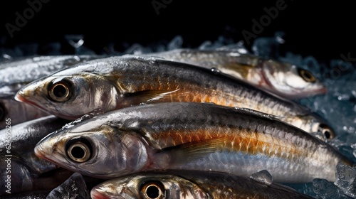 Sardines fish on ice in the market. Sardine fish. Generative Ai © tong2530