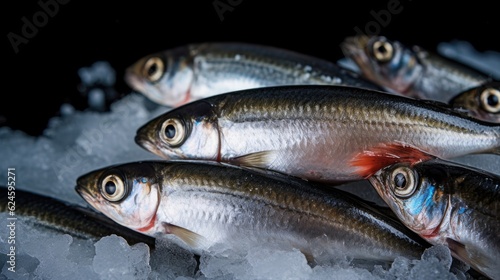 Sardines fish on ice in the market. Sardine fish. Generative Ai