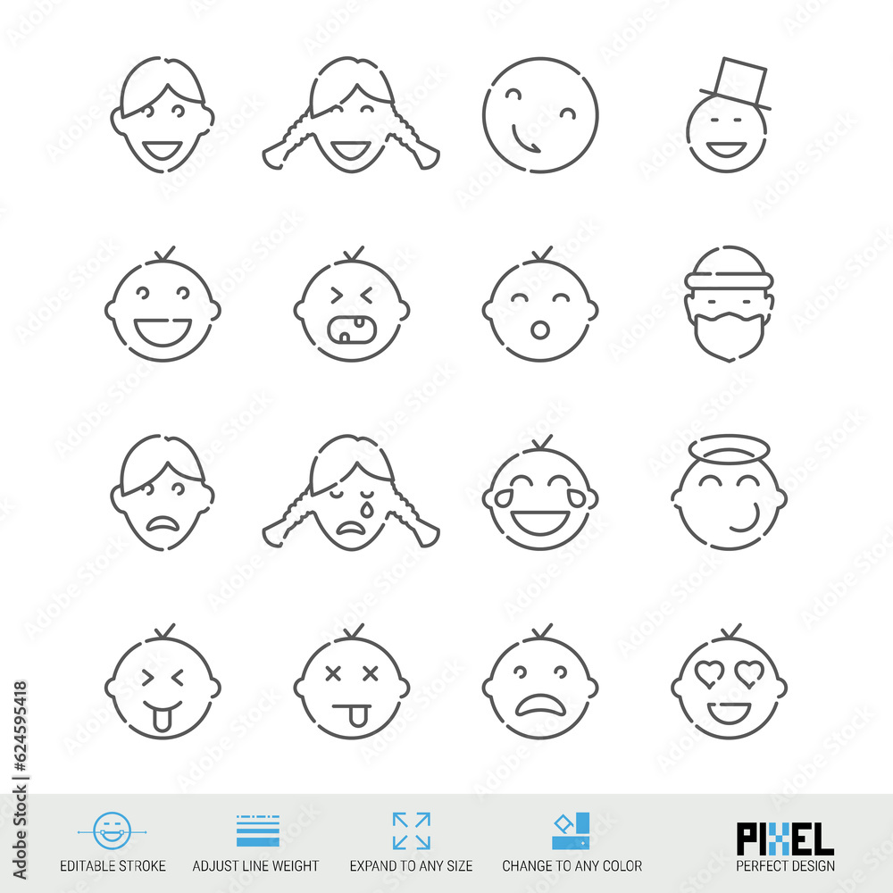 Emoticons related vector line icon set isolated on white Emoticons related vector line icon set isolated on white
