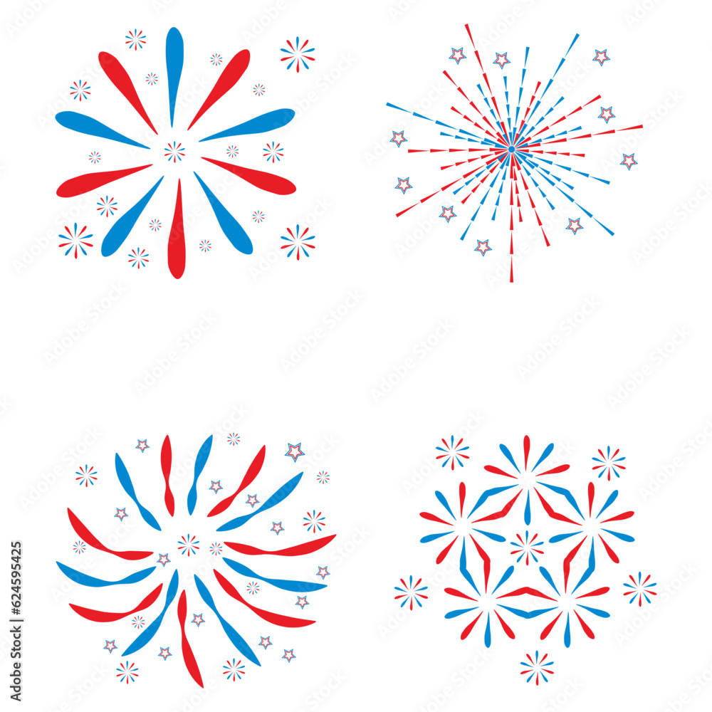 Firework Usa Independence Day. American national celebration design elements. Bright vector cartoon illustration.