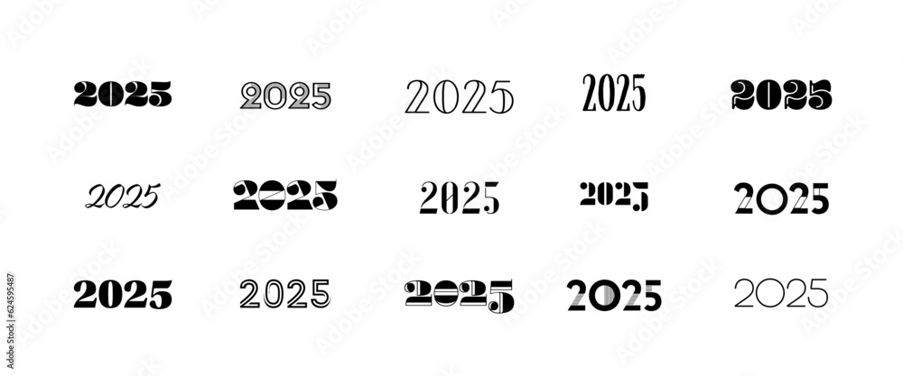 Big set of 2025 new year logo text design.