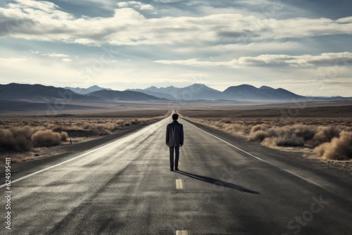 Lonely man walking down a long road. Generative AI © piai
