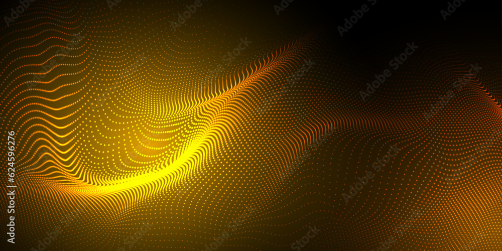 Abstract futuristic yellow and orange wave with moving dots. Flow of particles with glitch effect. Ideal vector graphics for brochures, flyers, magazines, business cards and banners. Vector. Abstract futuristic yellow and orange wave with moving dots. Flow of particles with glitch effect. Ideal vector graphics for brochures, flyers, magazines, business cards and banners. Vector.