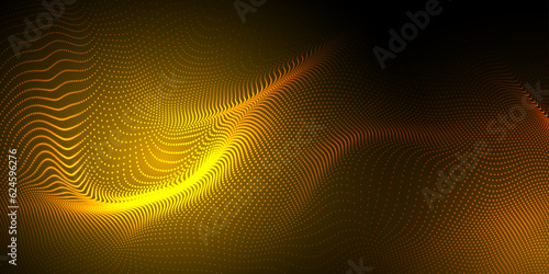 Abstract futuristic yellow and orange wave with moving dots. Flow of particles with glitch effect. Ideal vector graphics for brochures, flyers, magazines, business cards and banners. Vector.
