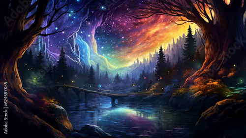 fantasy forest fairy tale background. woods with colorful lighting. dreamy landscape scene. generative AI