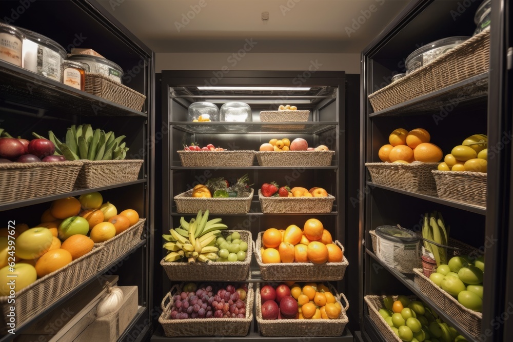 walk-in refrigerator with a variety of fruits and vegetables in baskets, created with generative ai
