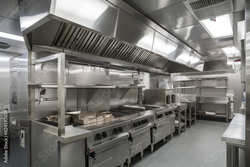 ventilation and exhaust system in commercial kitchen, with hoods above cooking appliances, created with generative ai