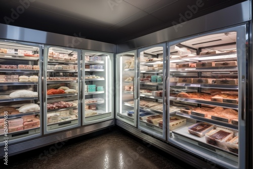 walk-in freezer with variety of frozen foods, including meats and vegetables, created with generative ai