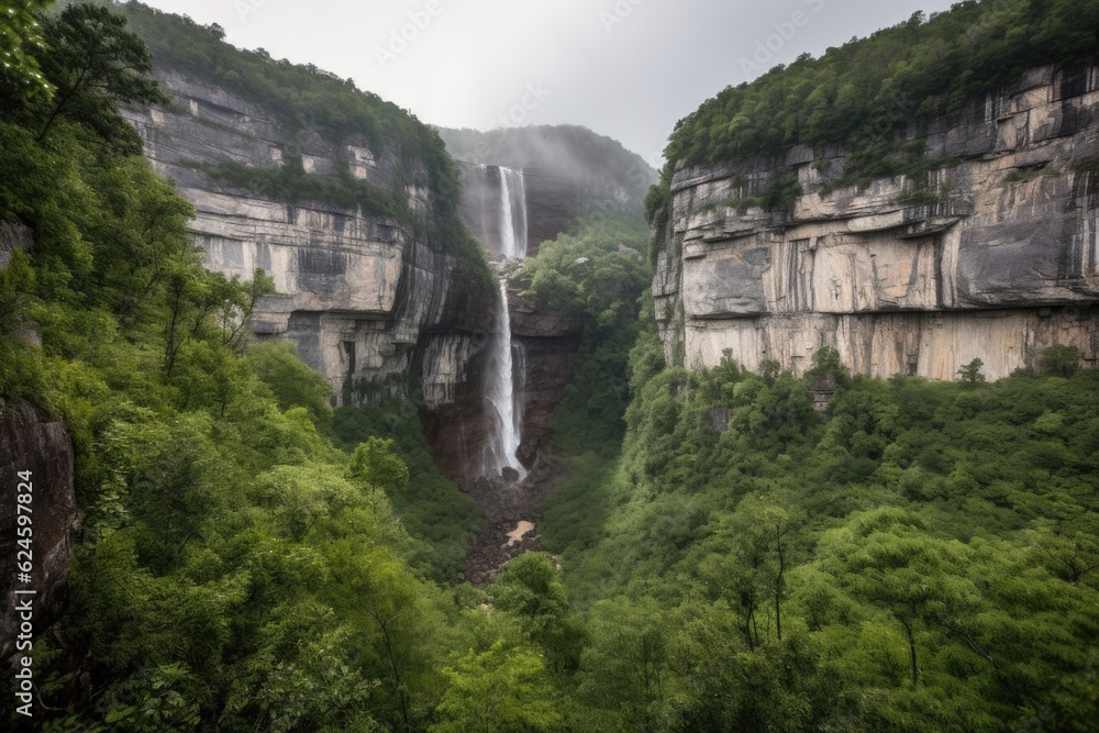 waterfall cascading over towering cliffs, surrounded by lush greenery, created with generative ai