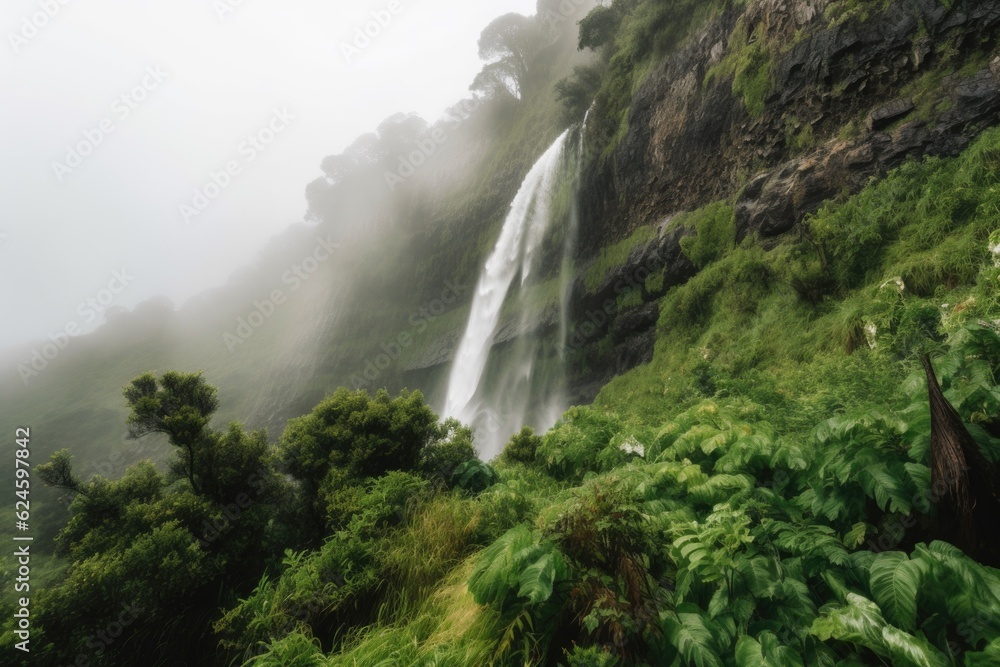 waterfall crashing down cliff face, surrounded by greenery and mist, created with generative ai