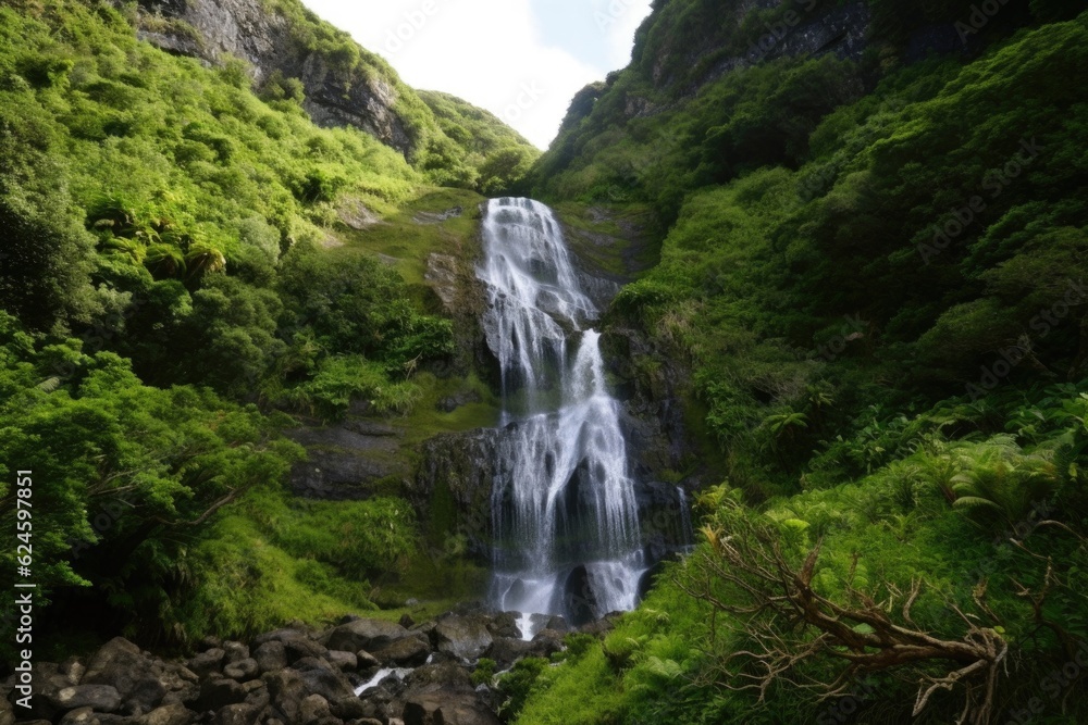 waterfall, surrounded by lush greenery, cascading down cliff face, created with generative ai