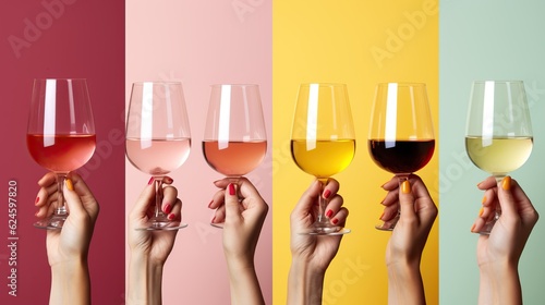 Collage of female hands holding bottle and glasses of wine on color background . generative ai. 