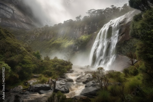 majestic waterfall with misty spray and rolling clouds in the background, created with generative ai