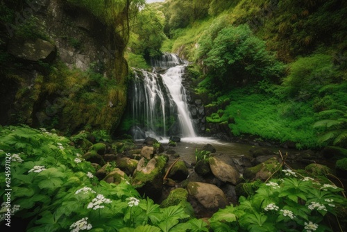 waterfall cascading over rocky cliff, surrounded by lush greenery, created with generative ai