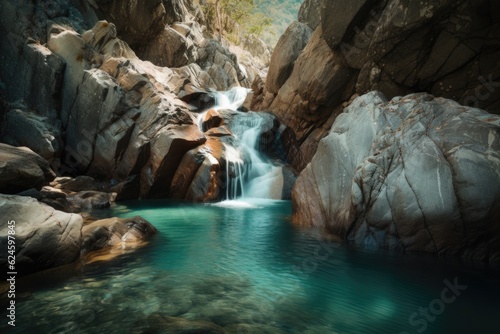 waterfall cascading over jagged rocks, forming a peaceful pool, created with generative ai