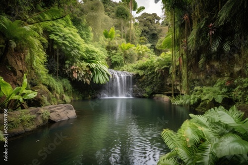 majestic waterfall plunging into tranquil pool, surrounded by lush greenery, created with generative ai