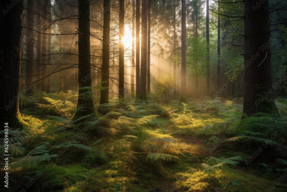 Fototapeta premium forest at sunrise, with rays of sunlight shining through the trees, created with generative ai