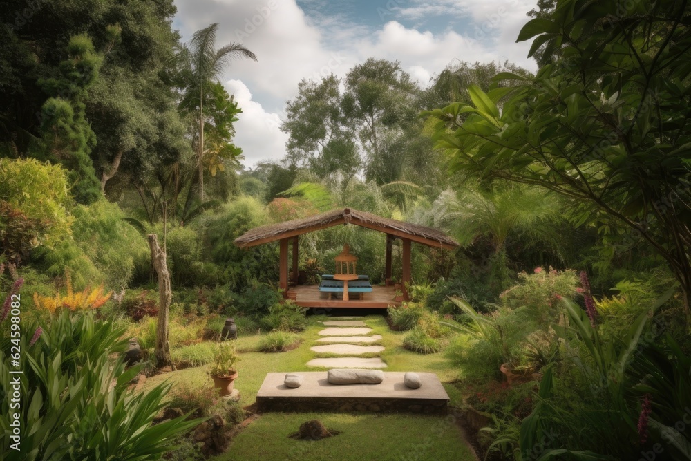 yoga retreat with outdoor meditation garden, surrounded by greenery and flowers, created with generative ai