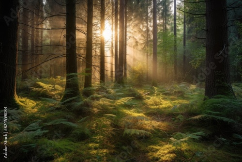 forest at sunrise  with rays of sunlight shining through the trees  created with generative ai