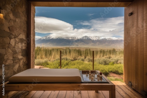 wellness retreat with view of majestic mountain range, created with generative ai