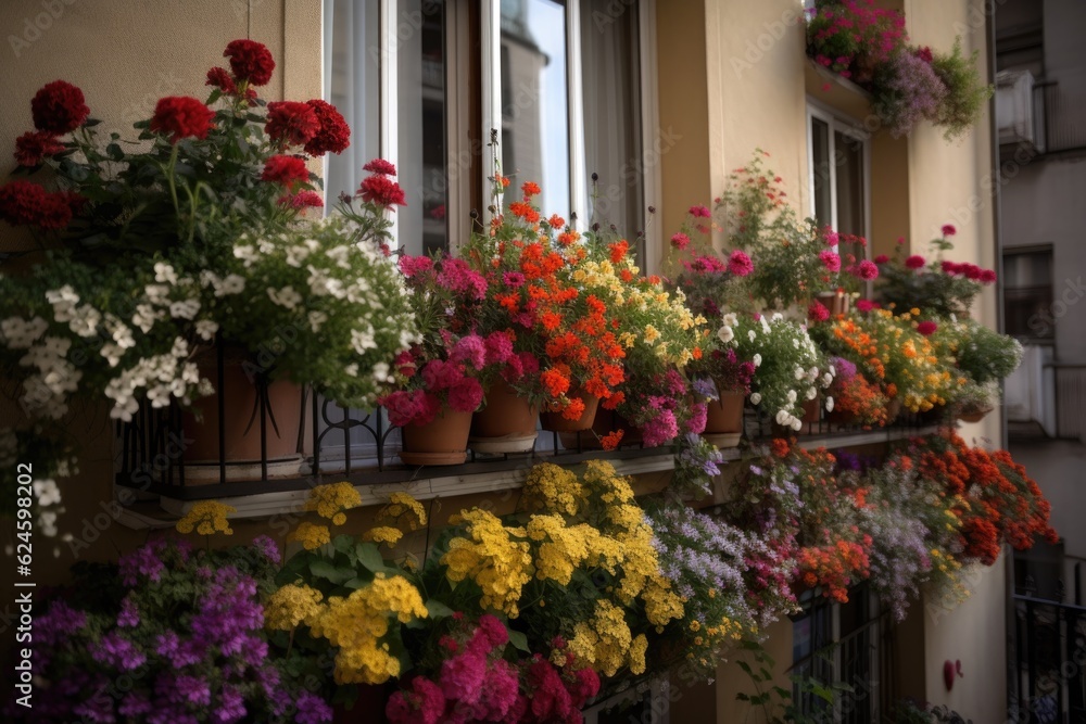 Naklejka premium window garden overflowing with colorful and fragrant blooms, bringing a pop of color to the balcony, created with generative ai